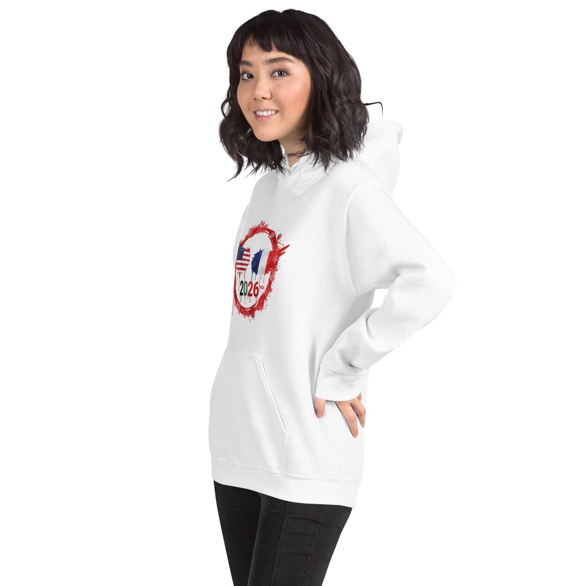 Person wearing a white hoodie with a graphic design on a white background