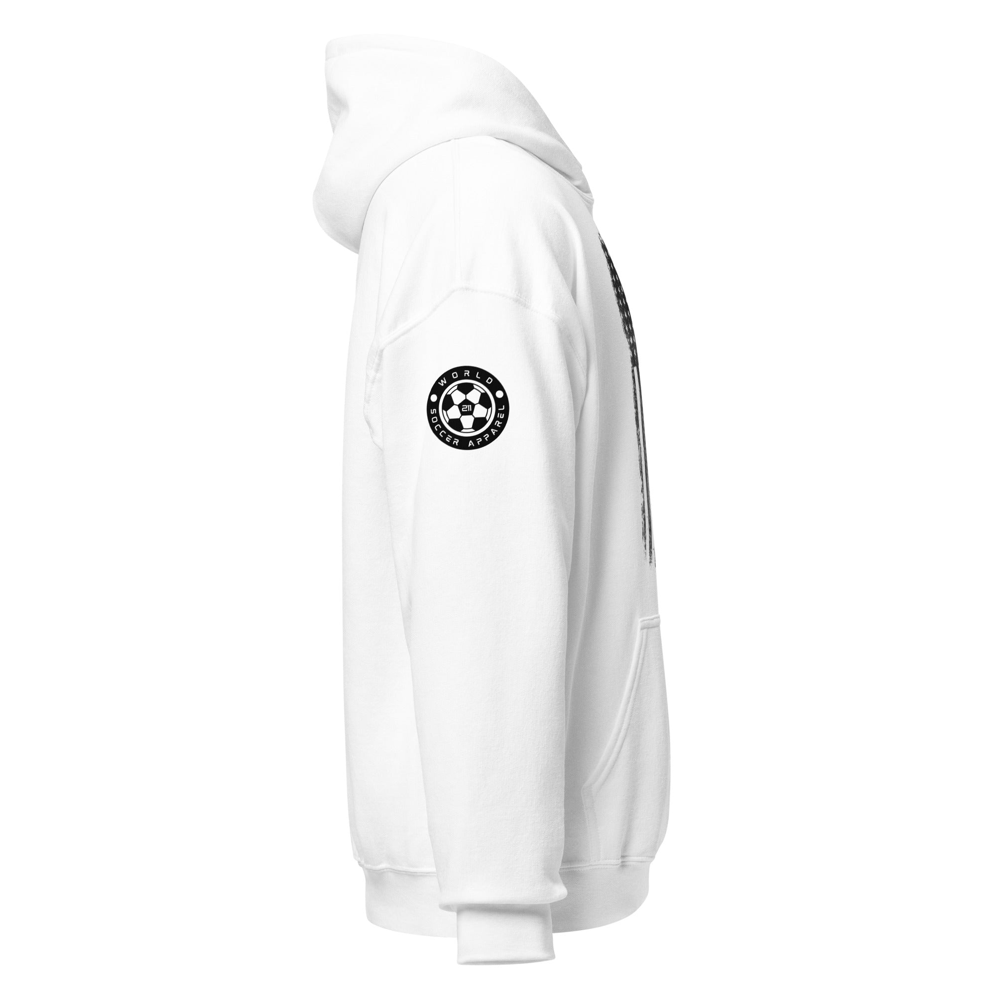 White hoodie with a black logo on the sleeve against a white background
