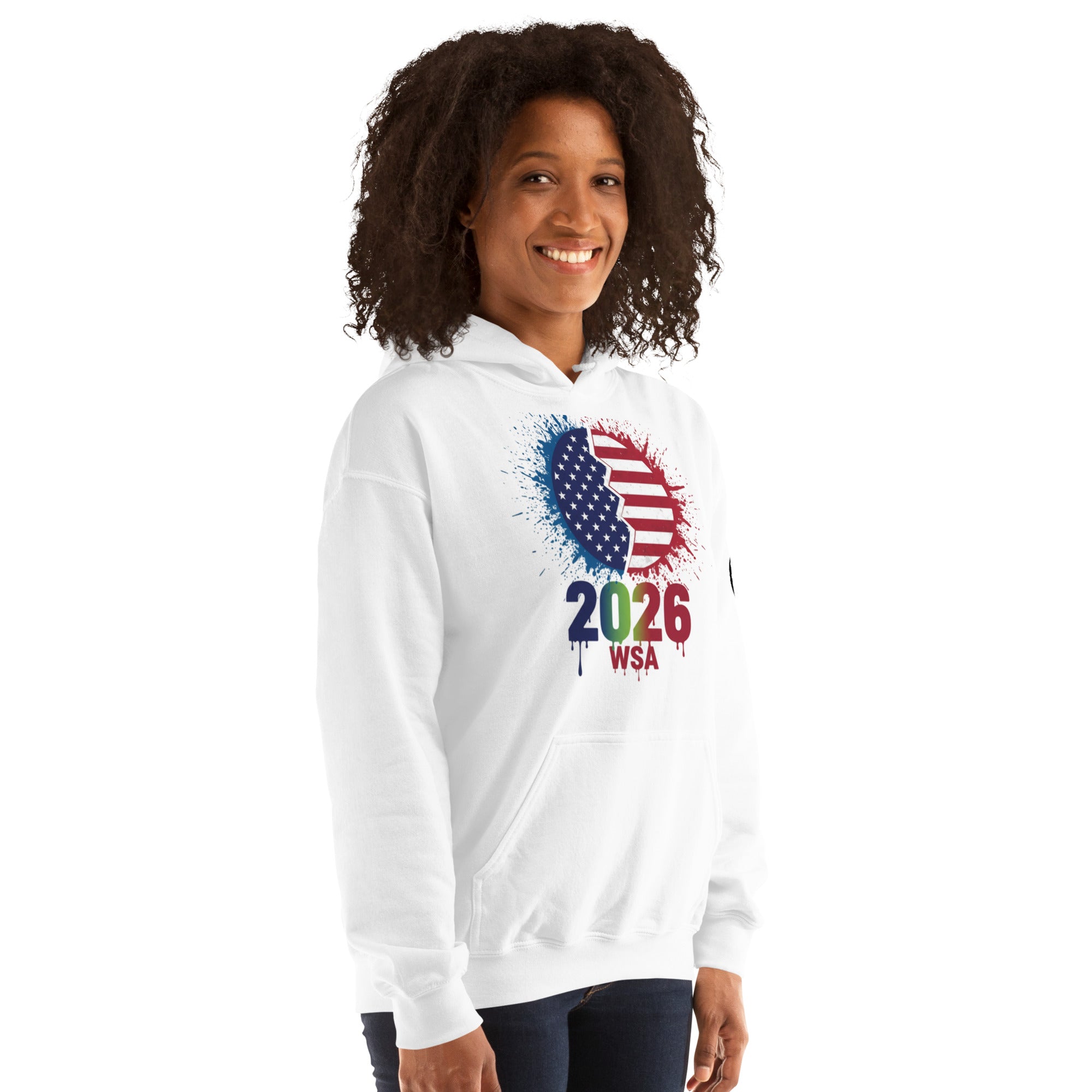 Person wearing a white hoodie with a colorful design on a white background