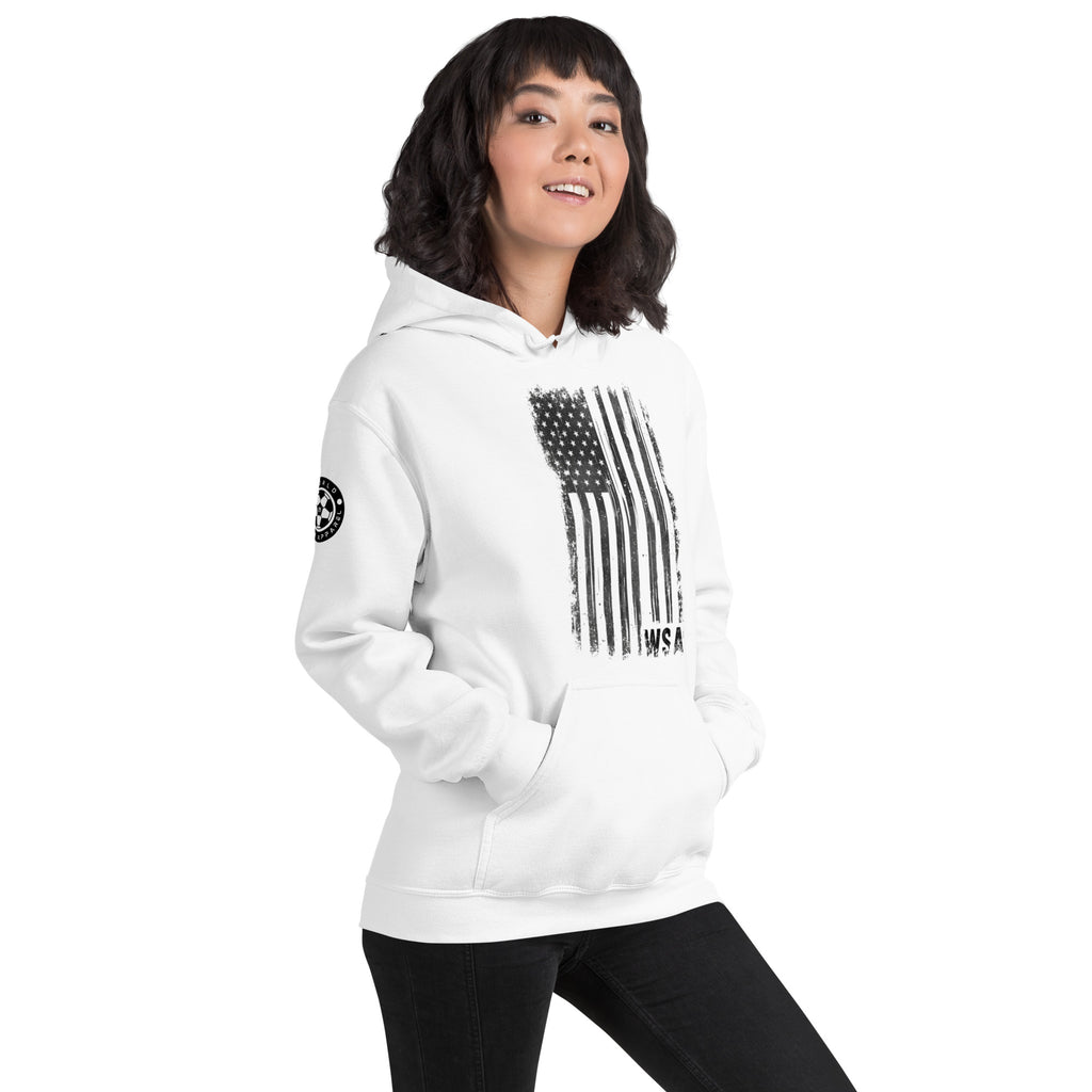 Person wearing a white hoodie with a black flag design on a white background