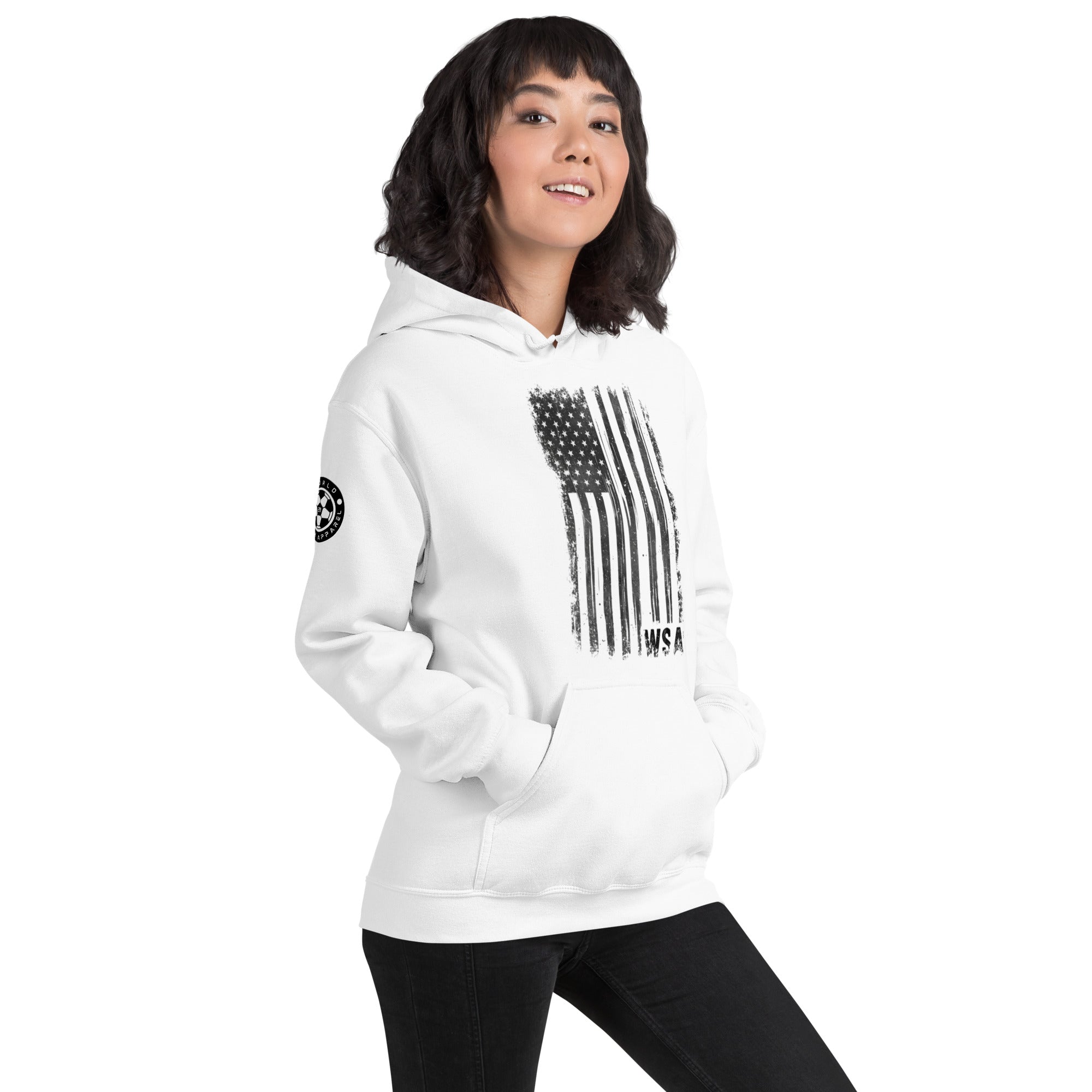 Person wearing a white hoodie with a black flag design on a white background