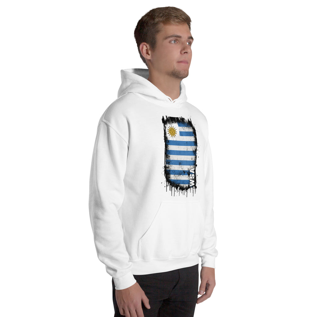 Person wearing a white hoodie with a flag design on a white background