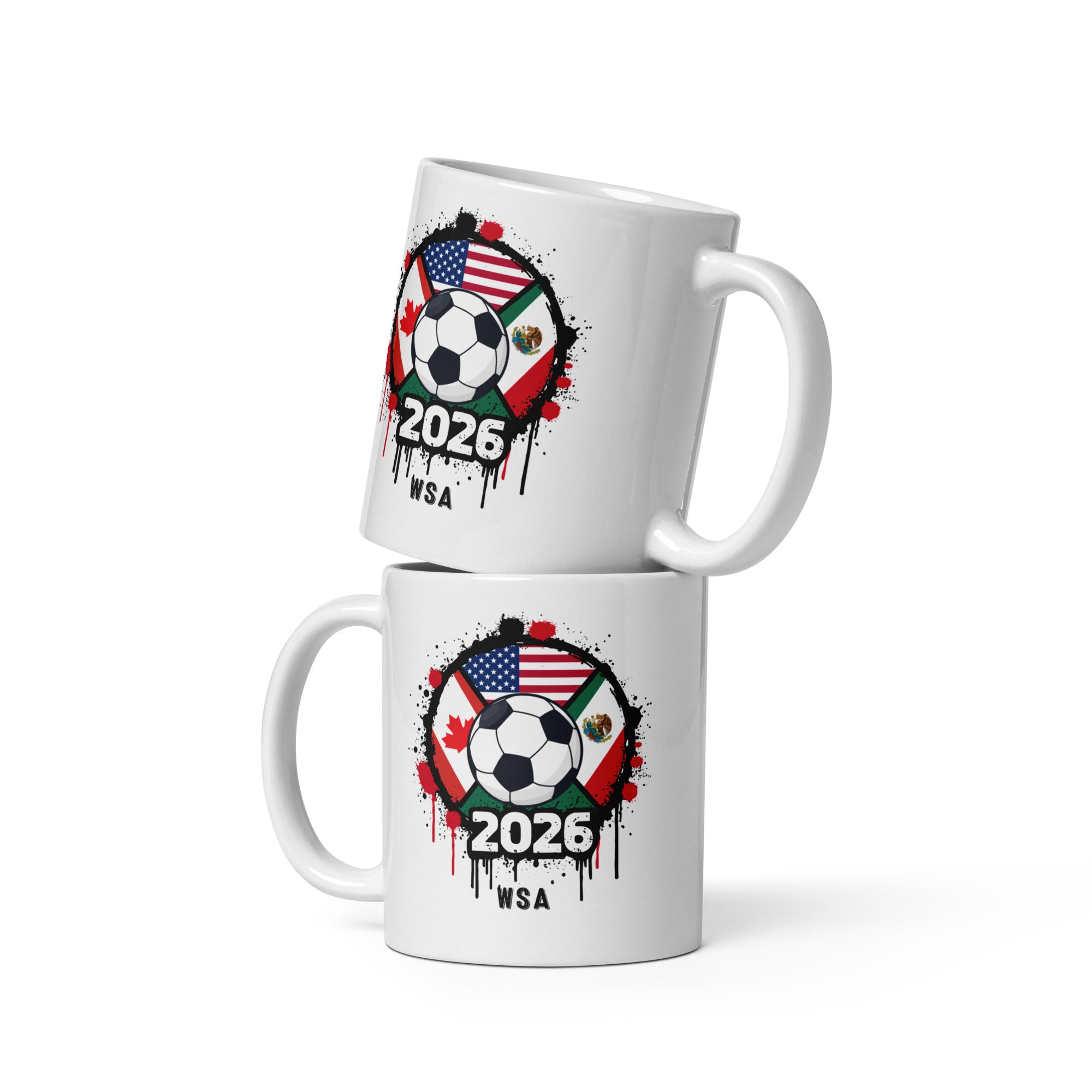 Two white mugs with soccer ball design featuring flags and '2026 WSA' text on a white background.