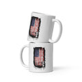 Two white mugs with American flag design and 'USA' text on a white background