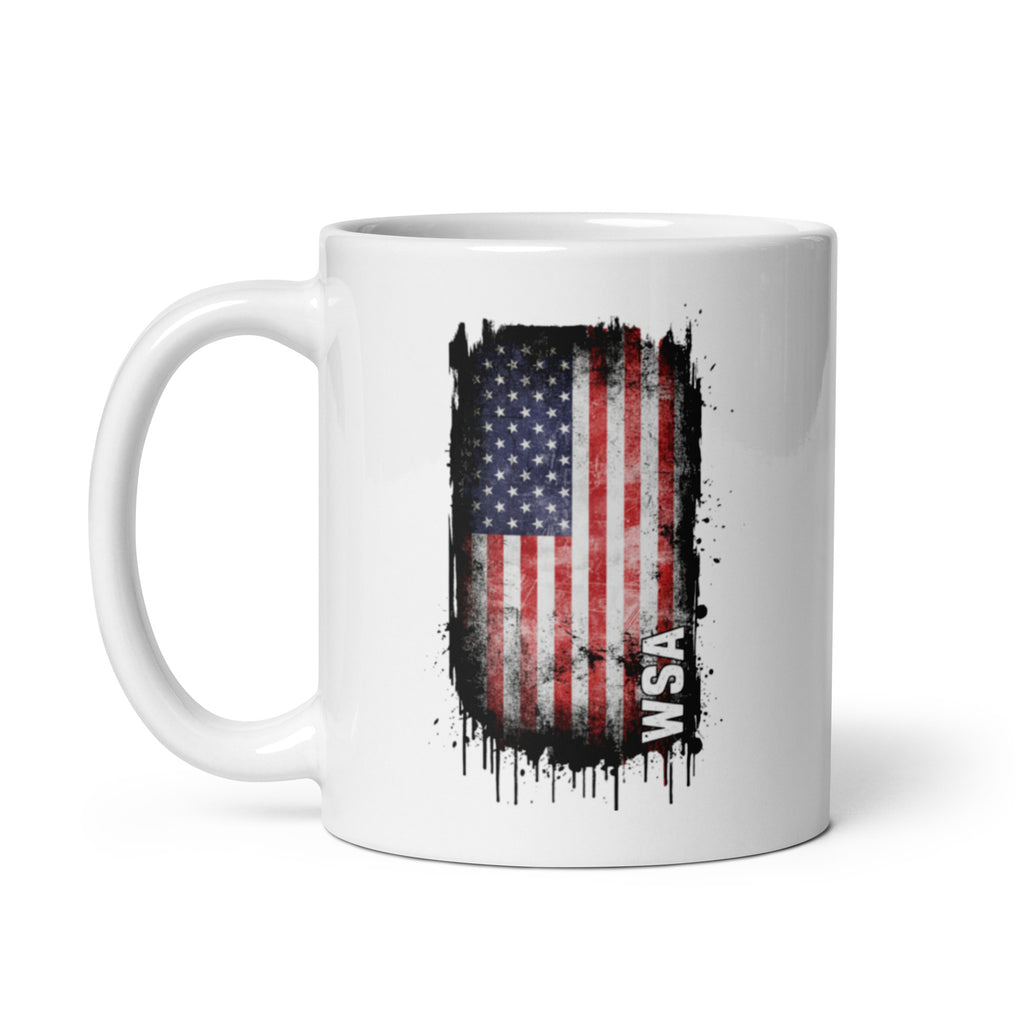 White mug with American flag design and 'WSA' text on a white background