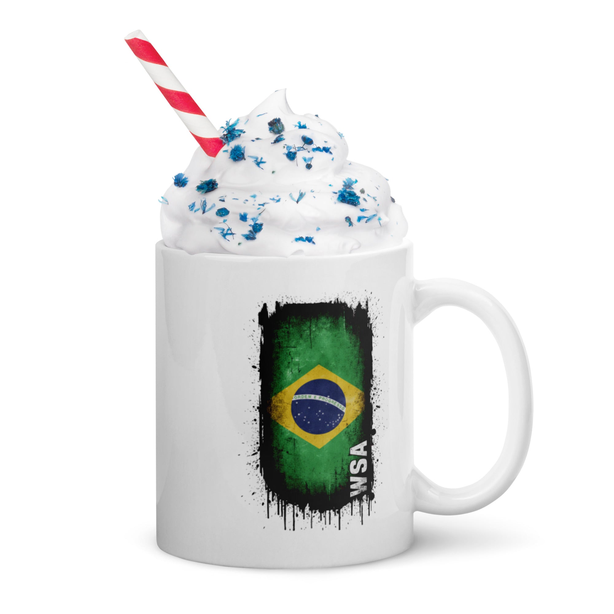 Mug with Brazilian flag design and whipped cream on a white background