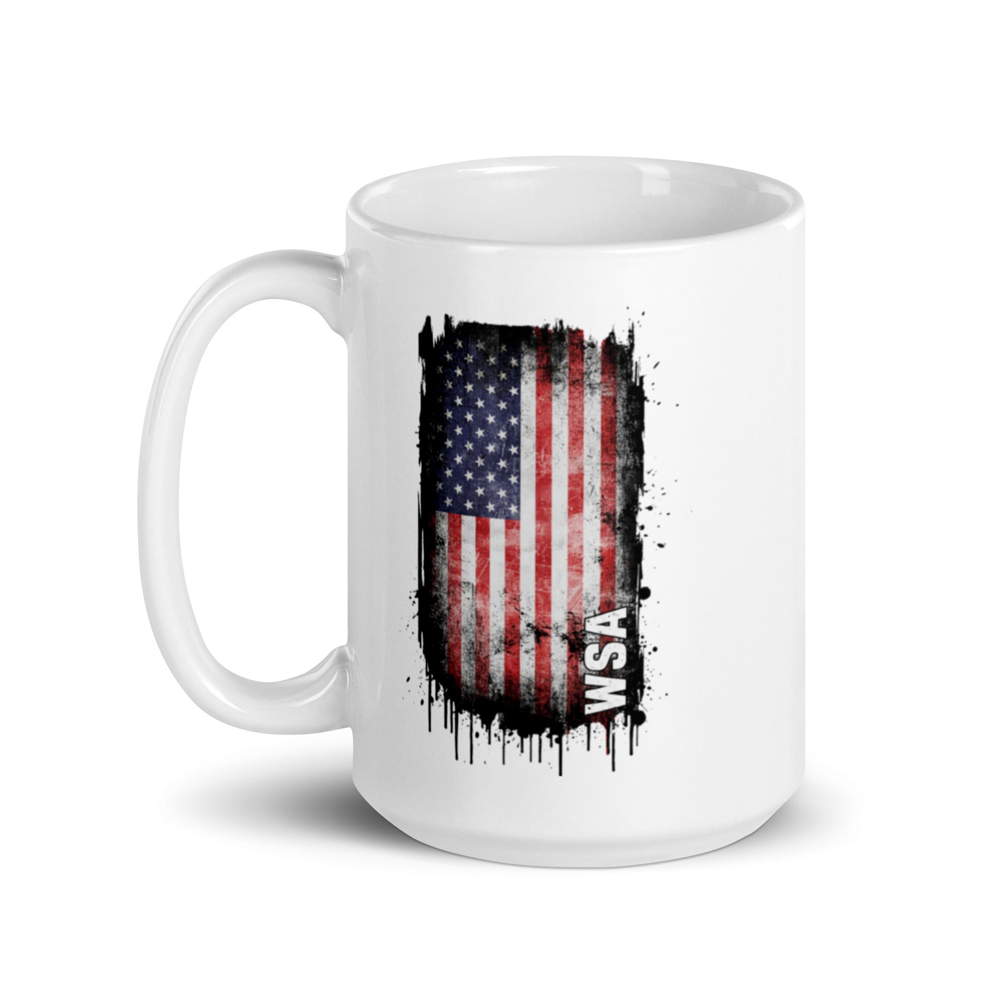 White mug with American flag design and 'WSA' text on a white background