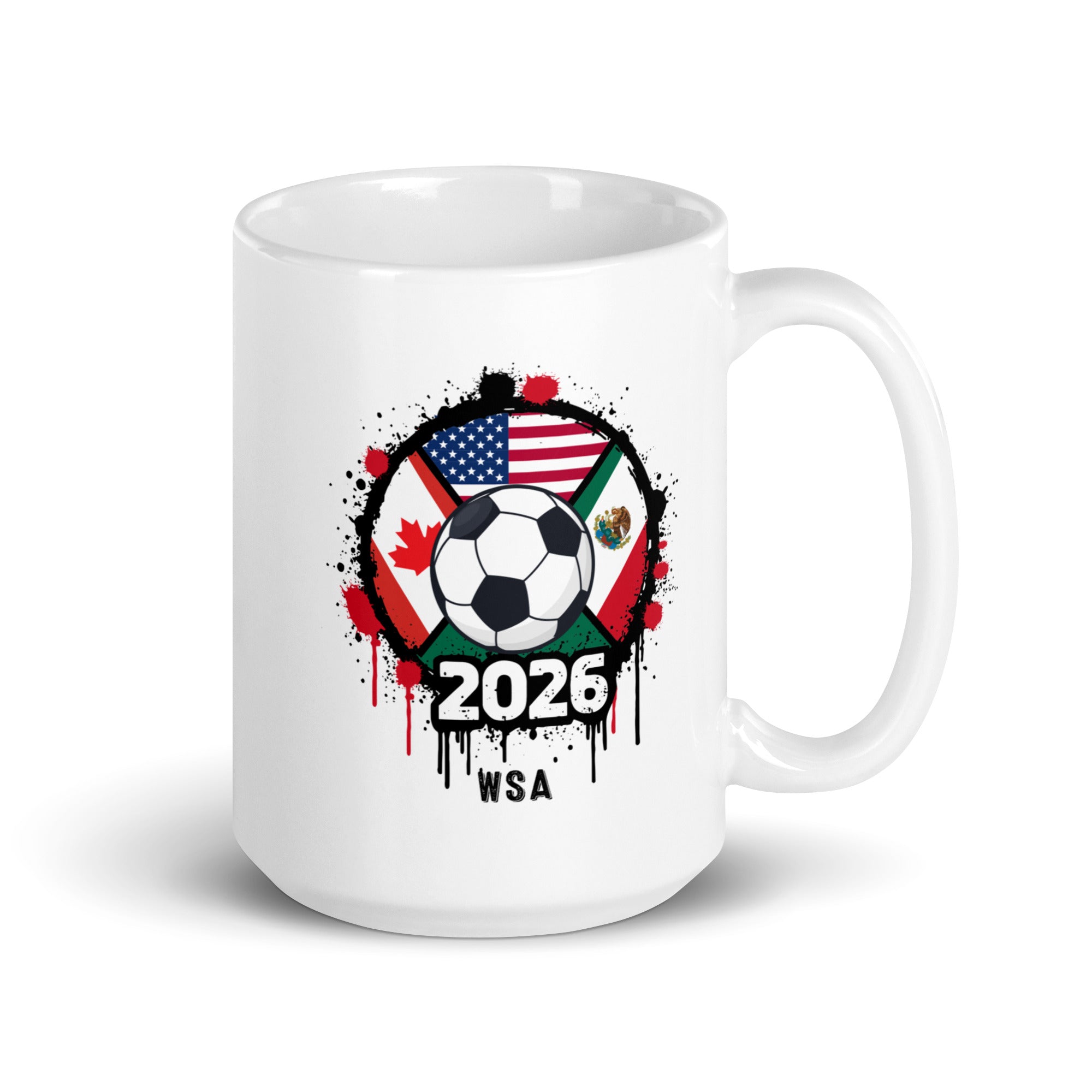 White mug with soccer ball design featuring flags and '2026 WSA' text on a white background
