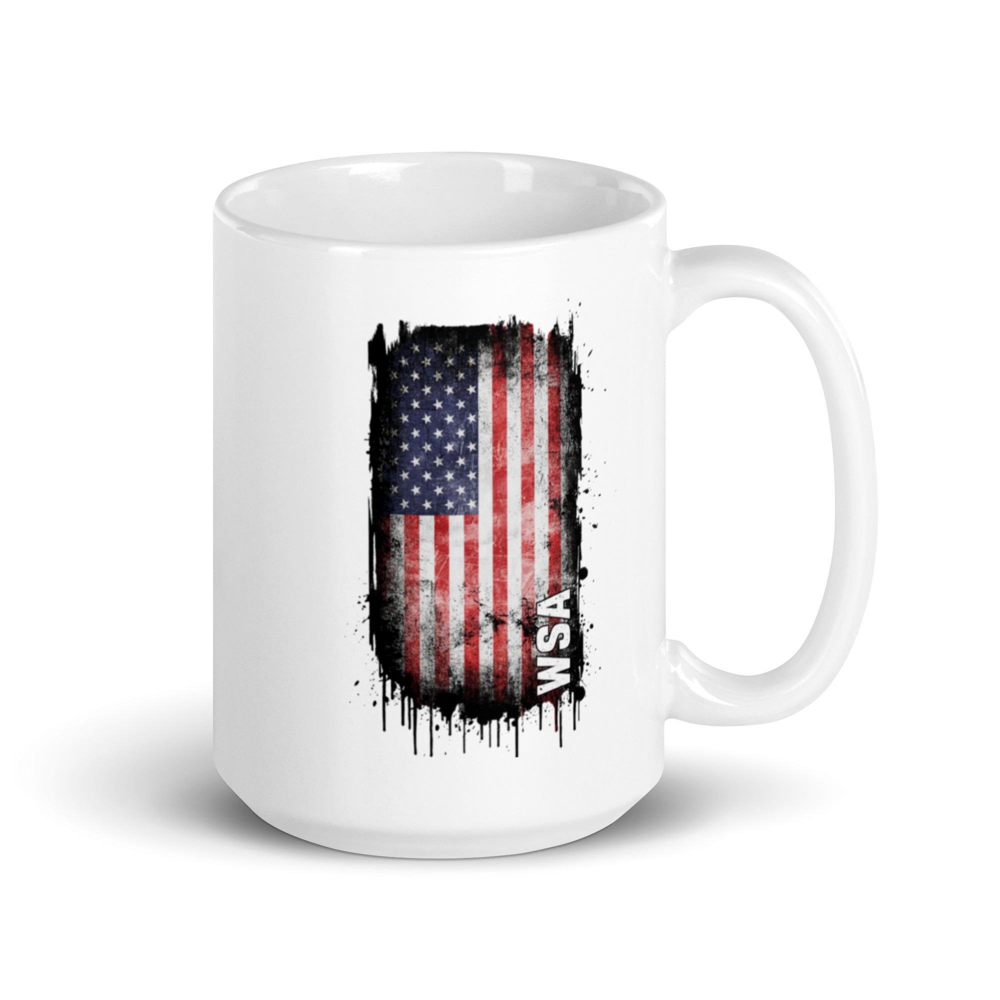 White mug with American flag design on a white background