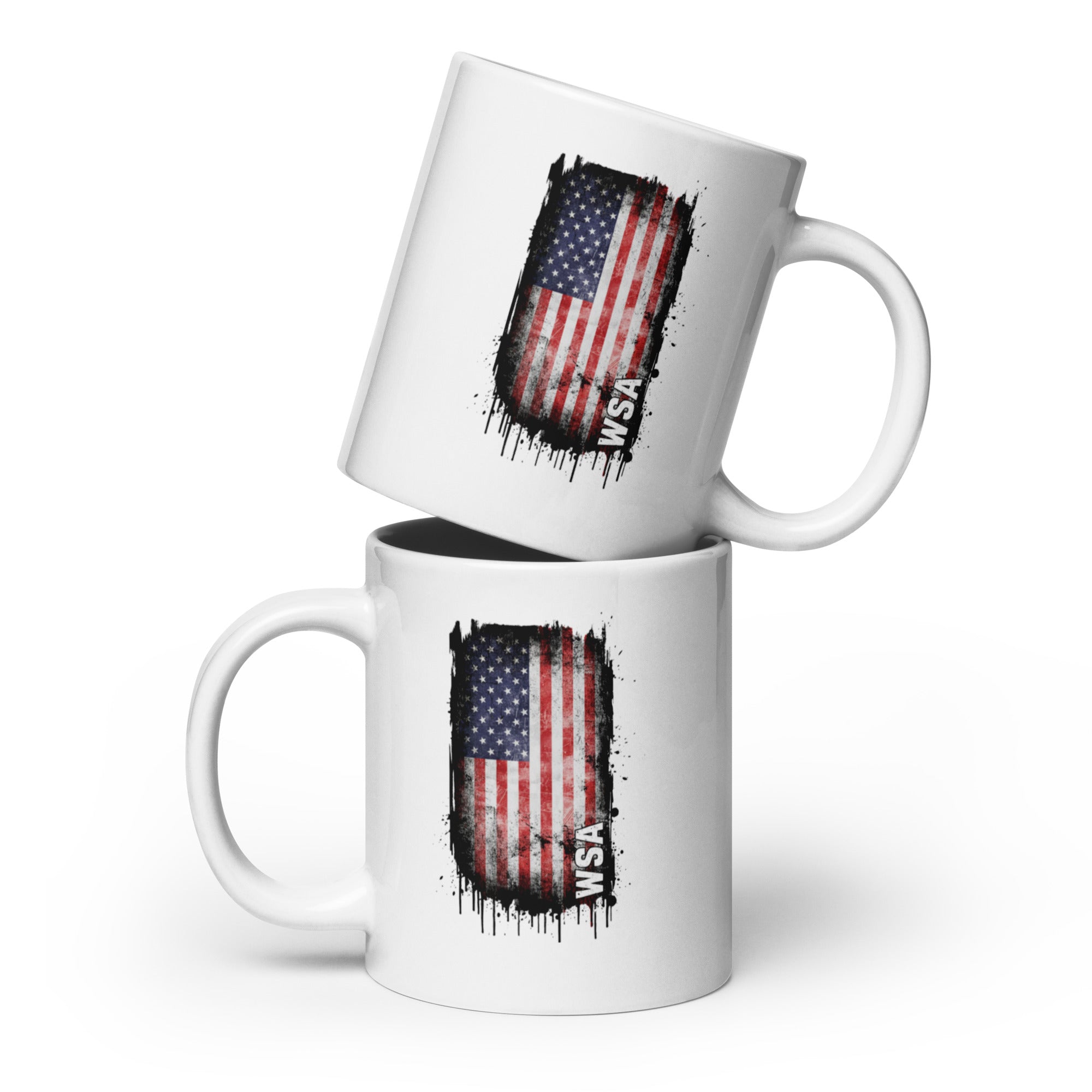Two white mugs with American flag design and 'WSA' text on a white background