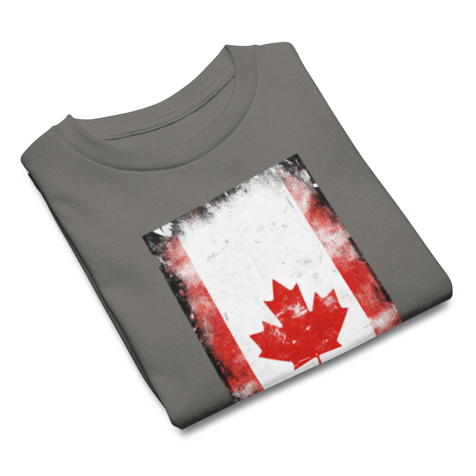 Folded gray t-shirt with a Canadian flag design on a white background