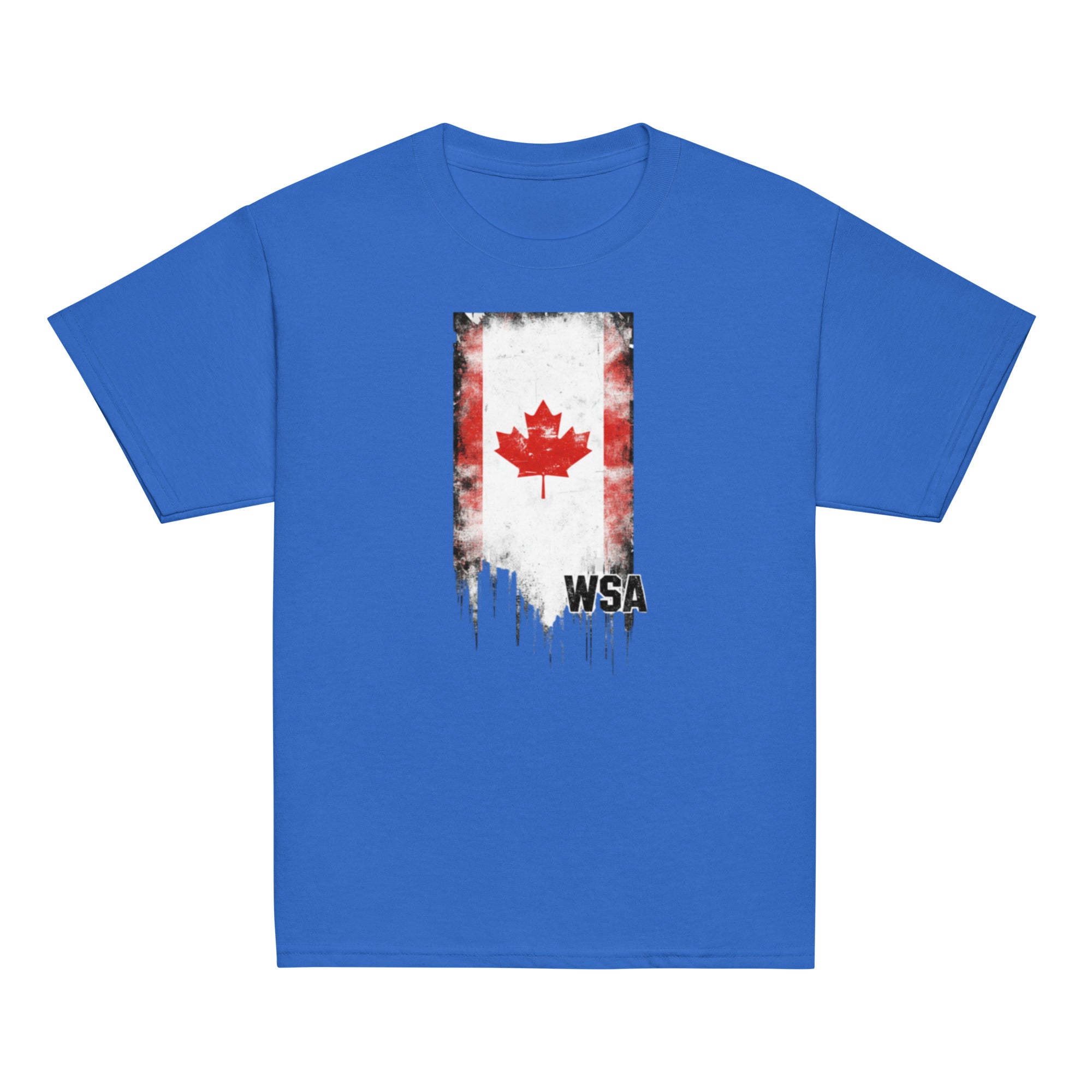 Blue t-shirt with a graphic of a Canadian flag and 'WSA' text on a white background
