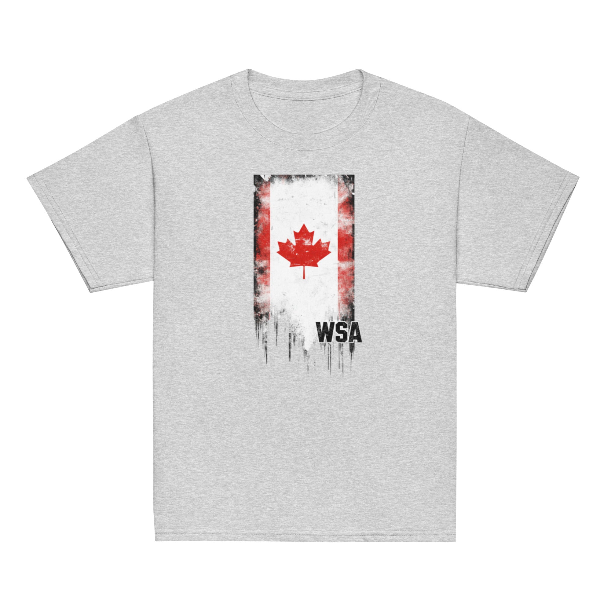 Gray t-shirt with a graphic of a Canadian flag and 'WSA' text on a white background