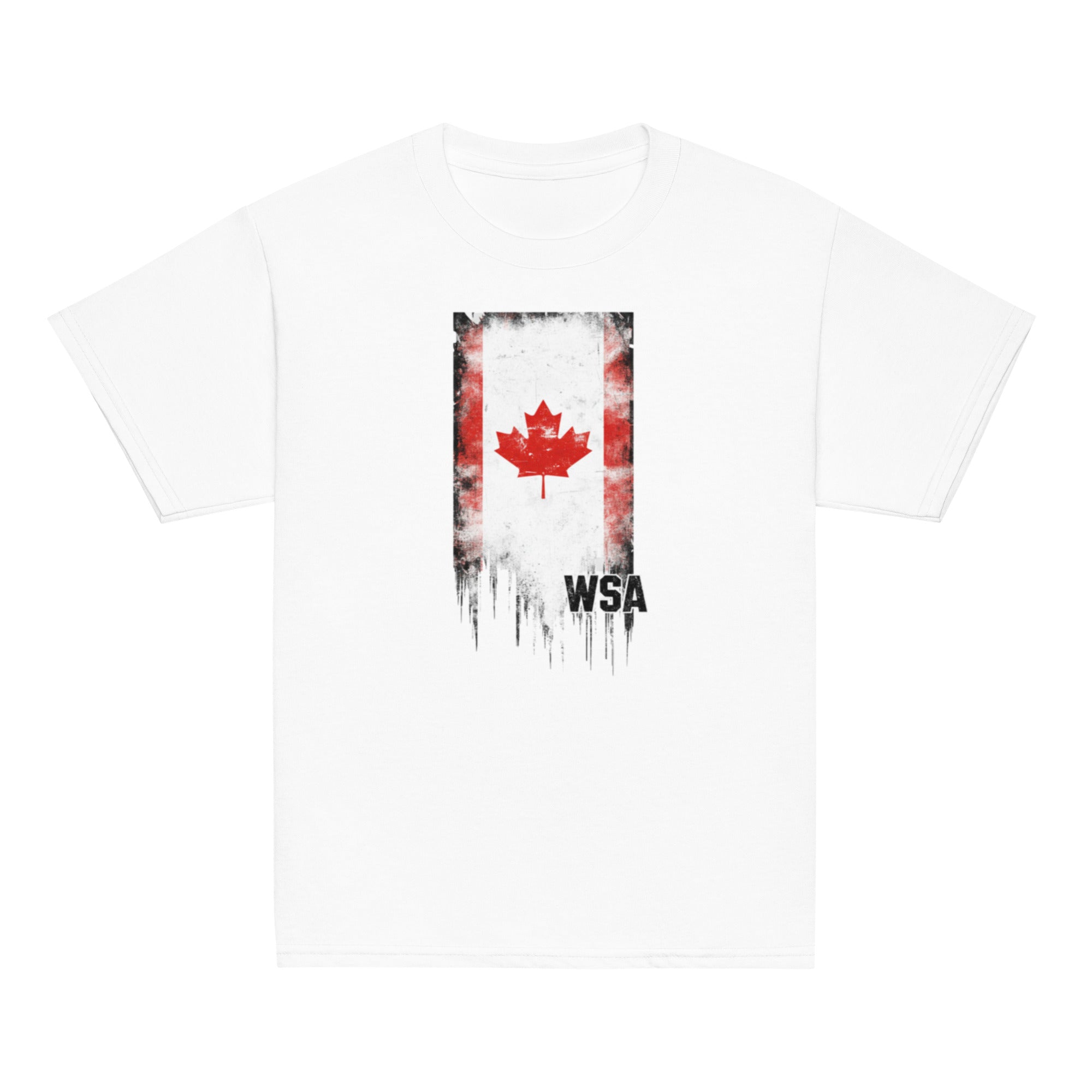 White t-shirt with a graphic design featuring a red maple leaf and 'WSA' text on a white background