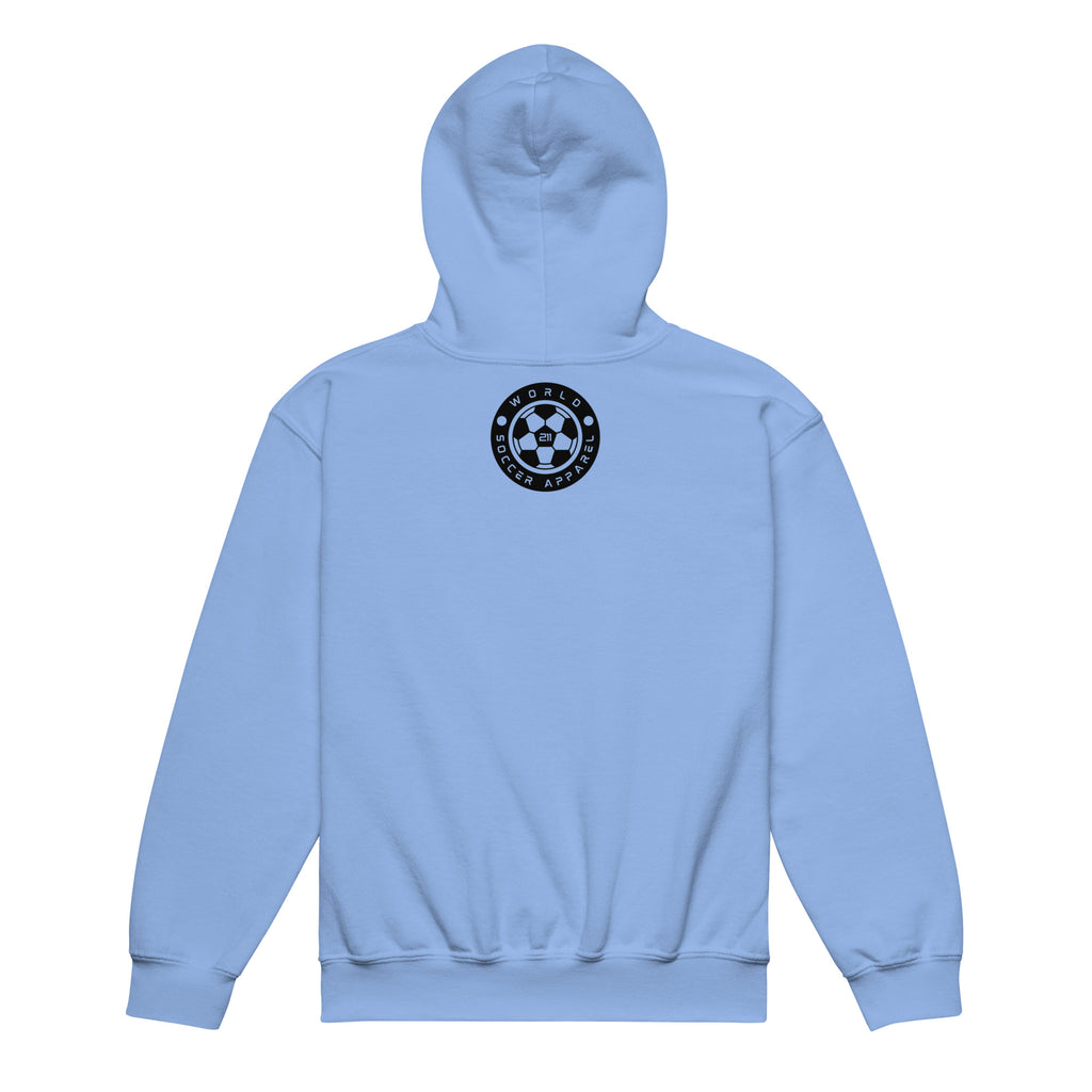 Light blue hoodie with a black logo on the chest against a white background