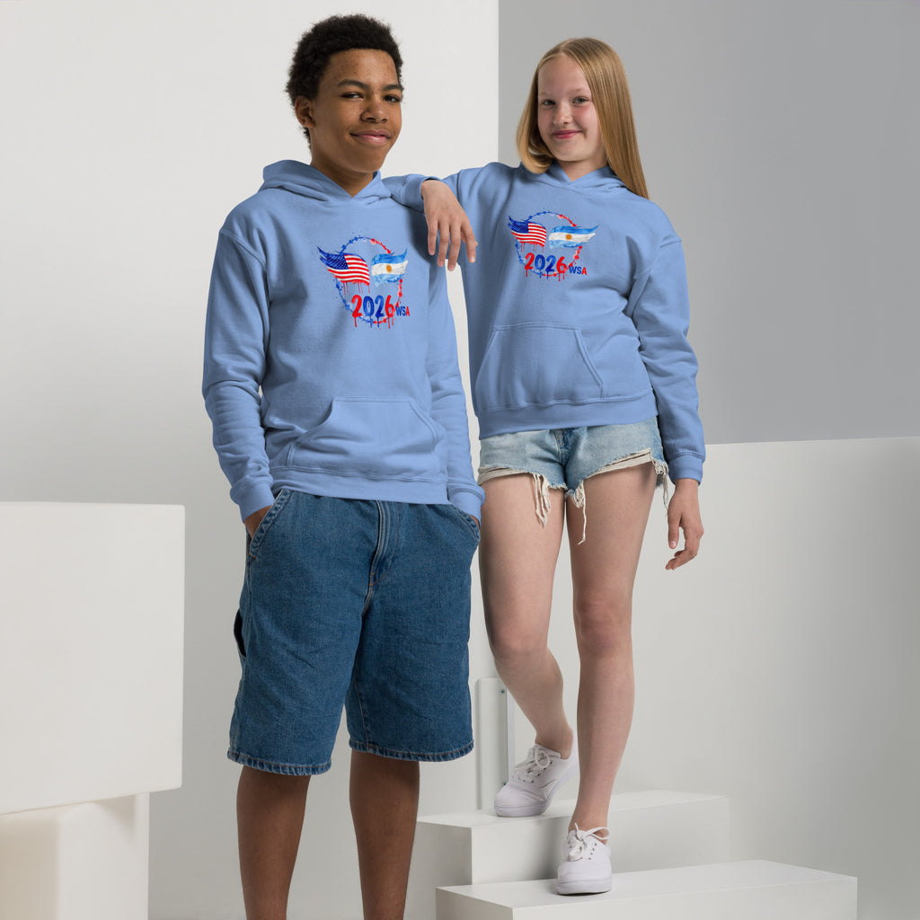 Two people wearing matching blue hoodies with a design on a white background