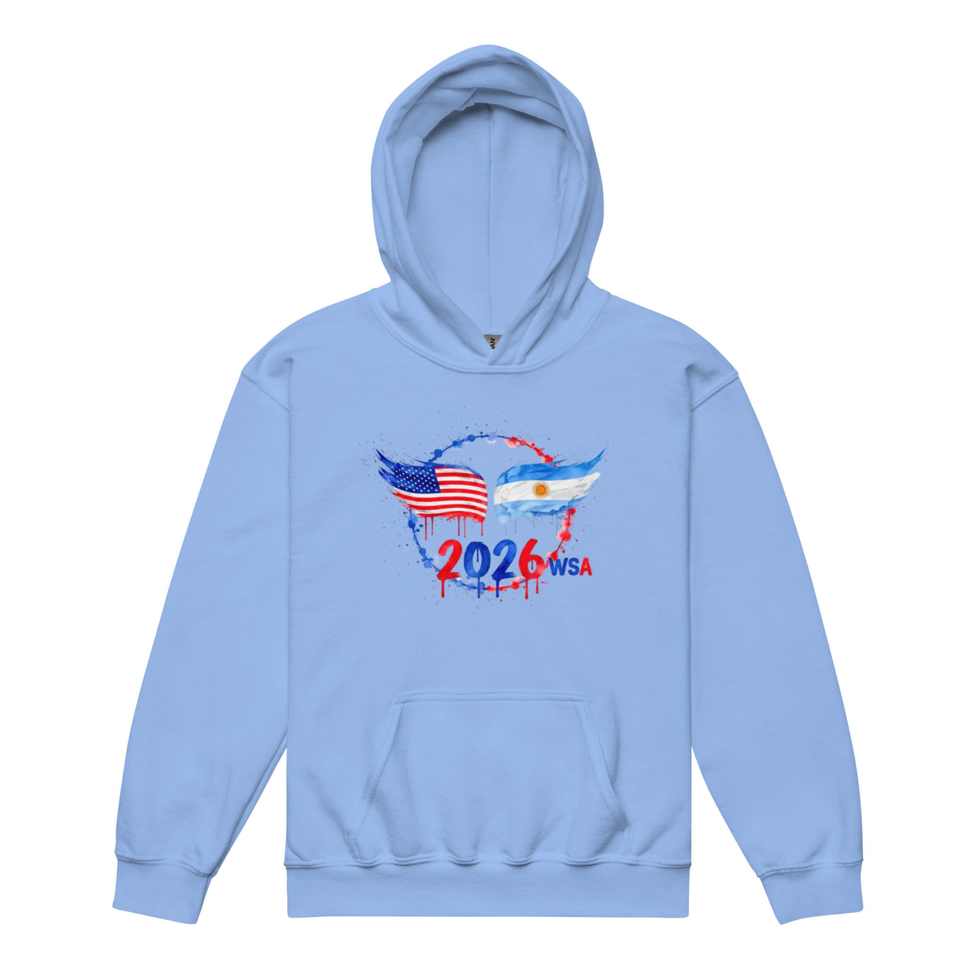 Light blue hoodie with 2026 USA design on a white background