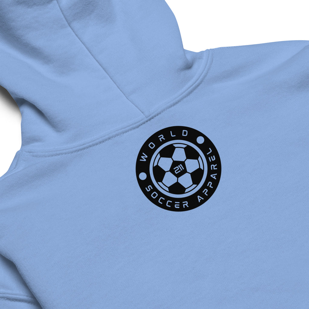 Light blue hoodie with a black logo on the chest