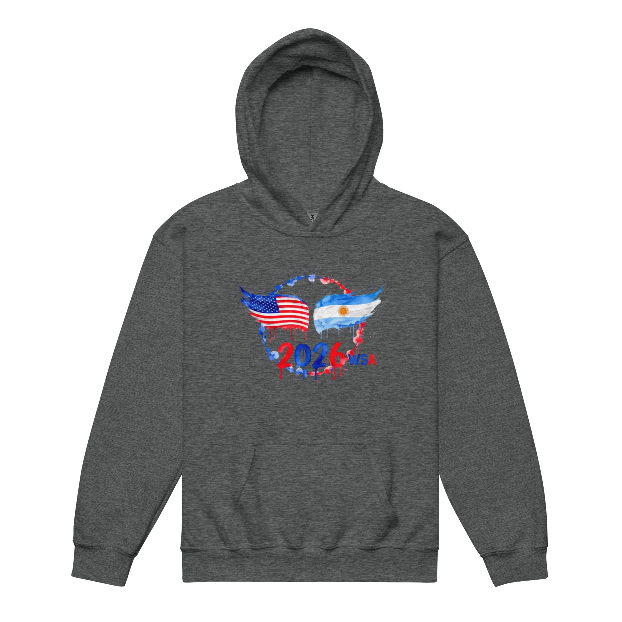 Gray hoodie with American and Argentinian flag design and '2026' text on a white background