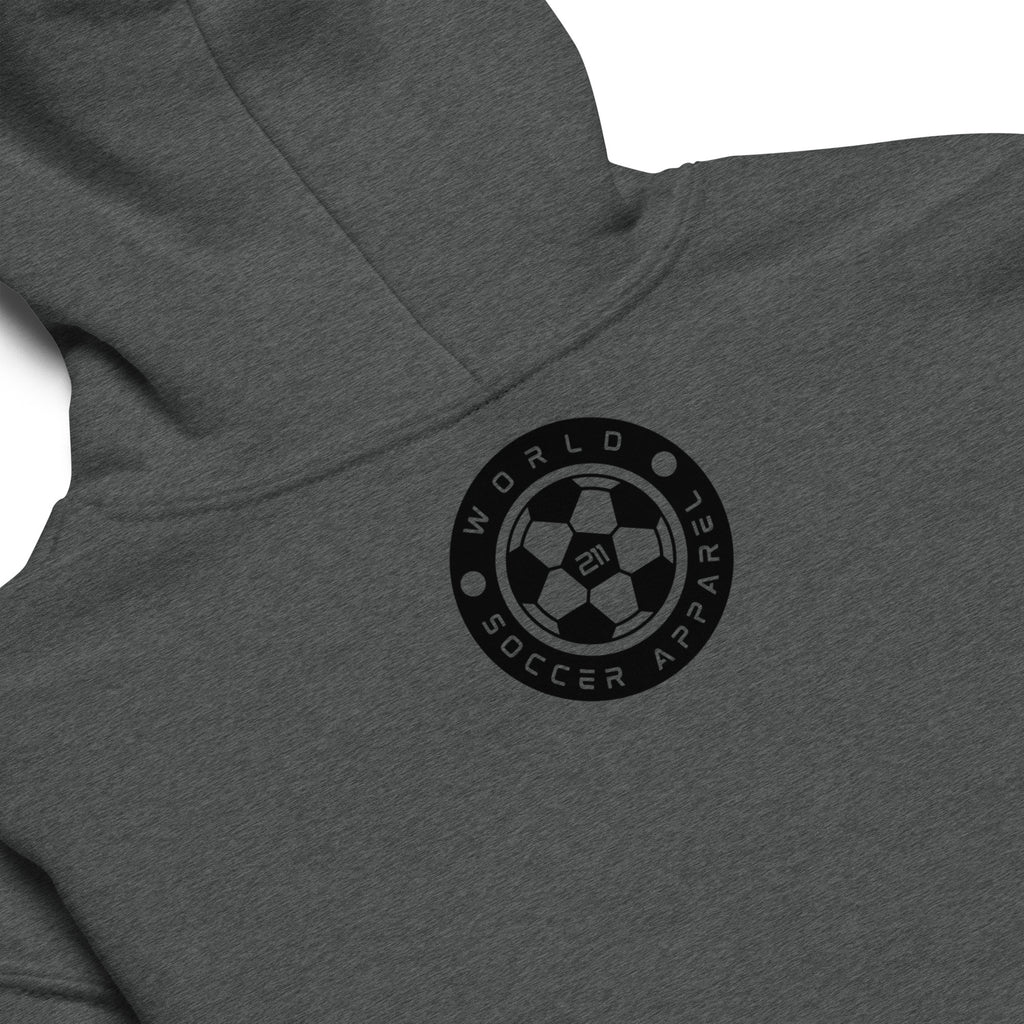 Gray hoodie with World Soccer Apparel logo on a white background