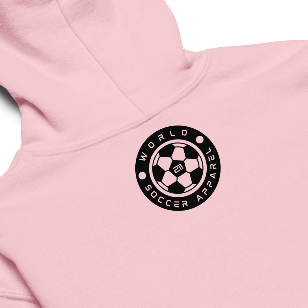 Pink hoodie with a black logo on a white background