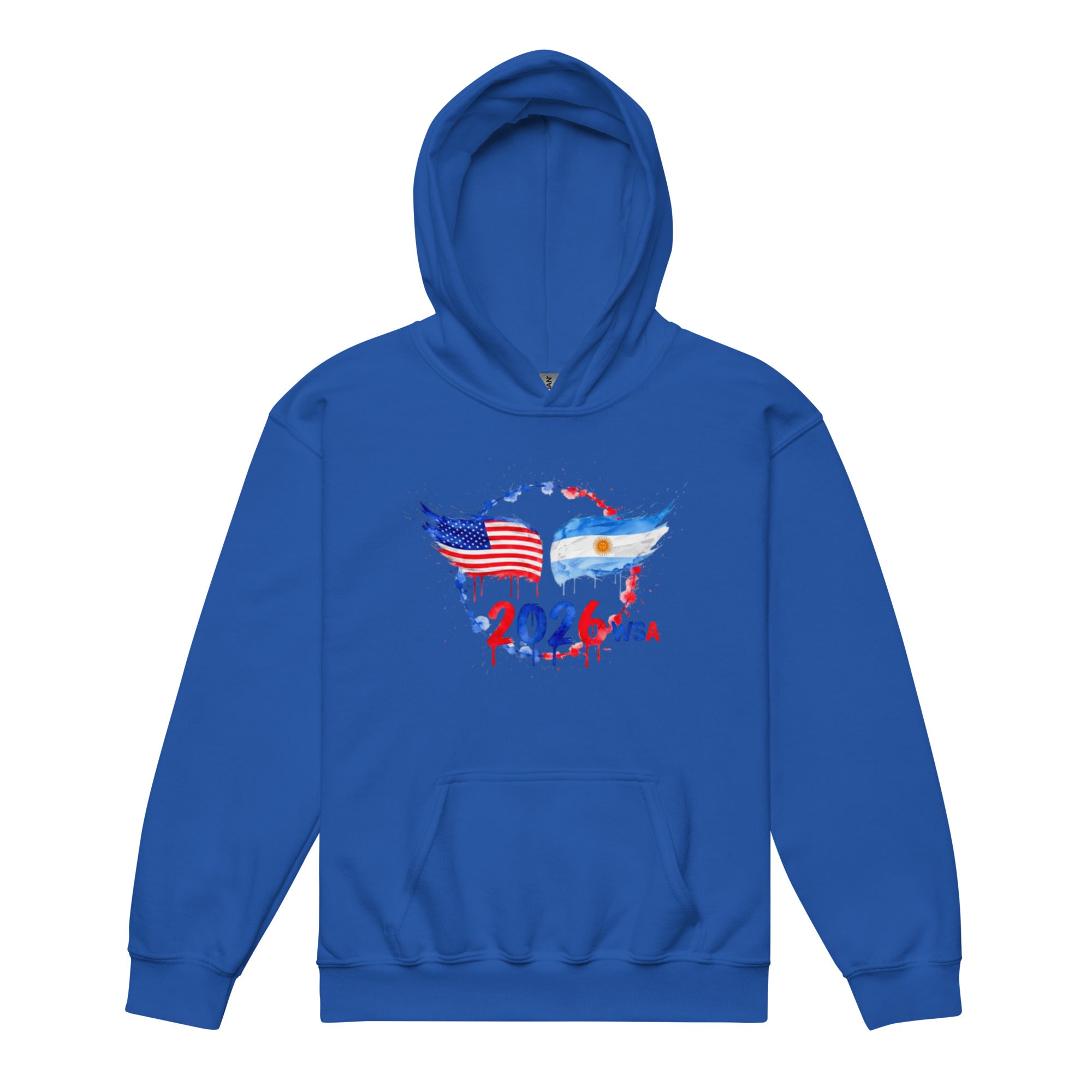 Blue hoodie with 2026 graphic design on a white background