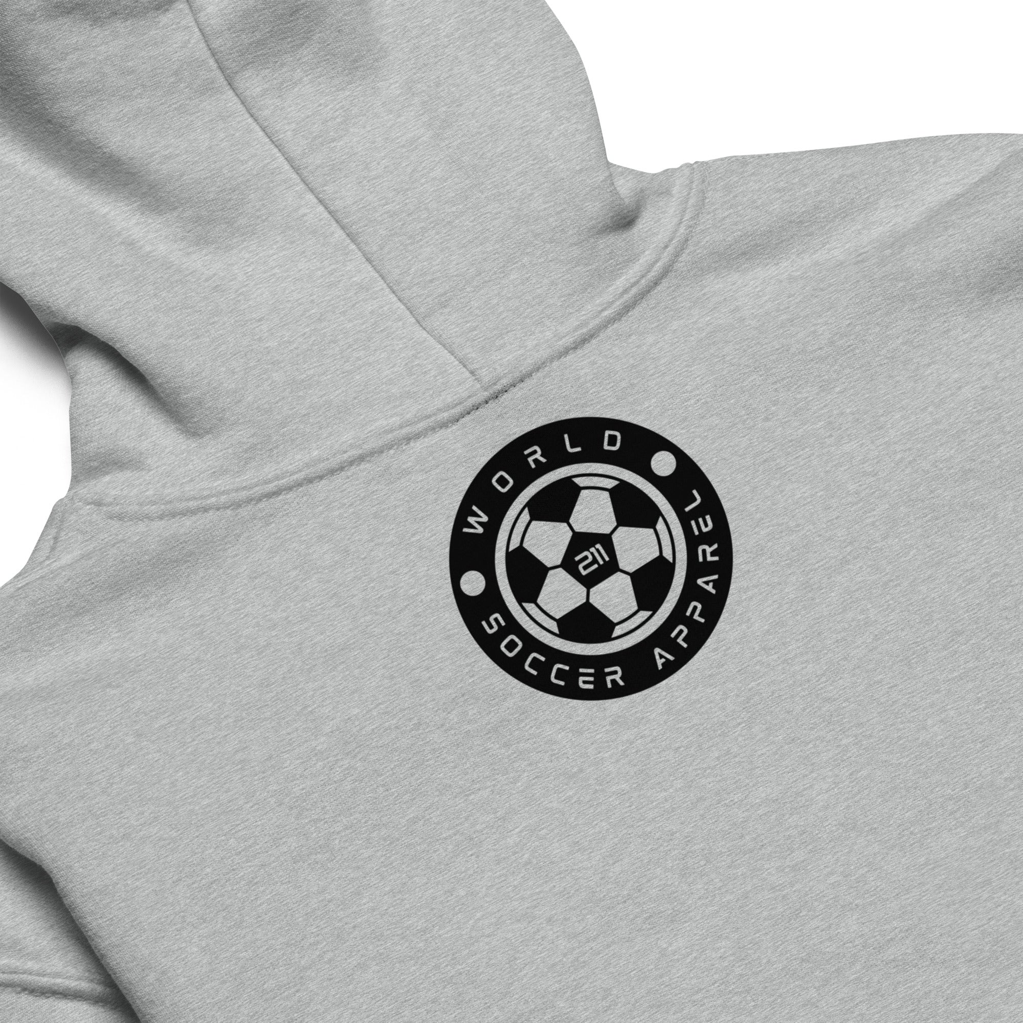 Gray hoodie with World Soccer Apparel logo on the chest.