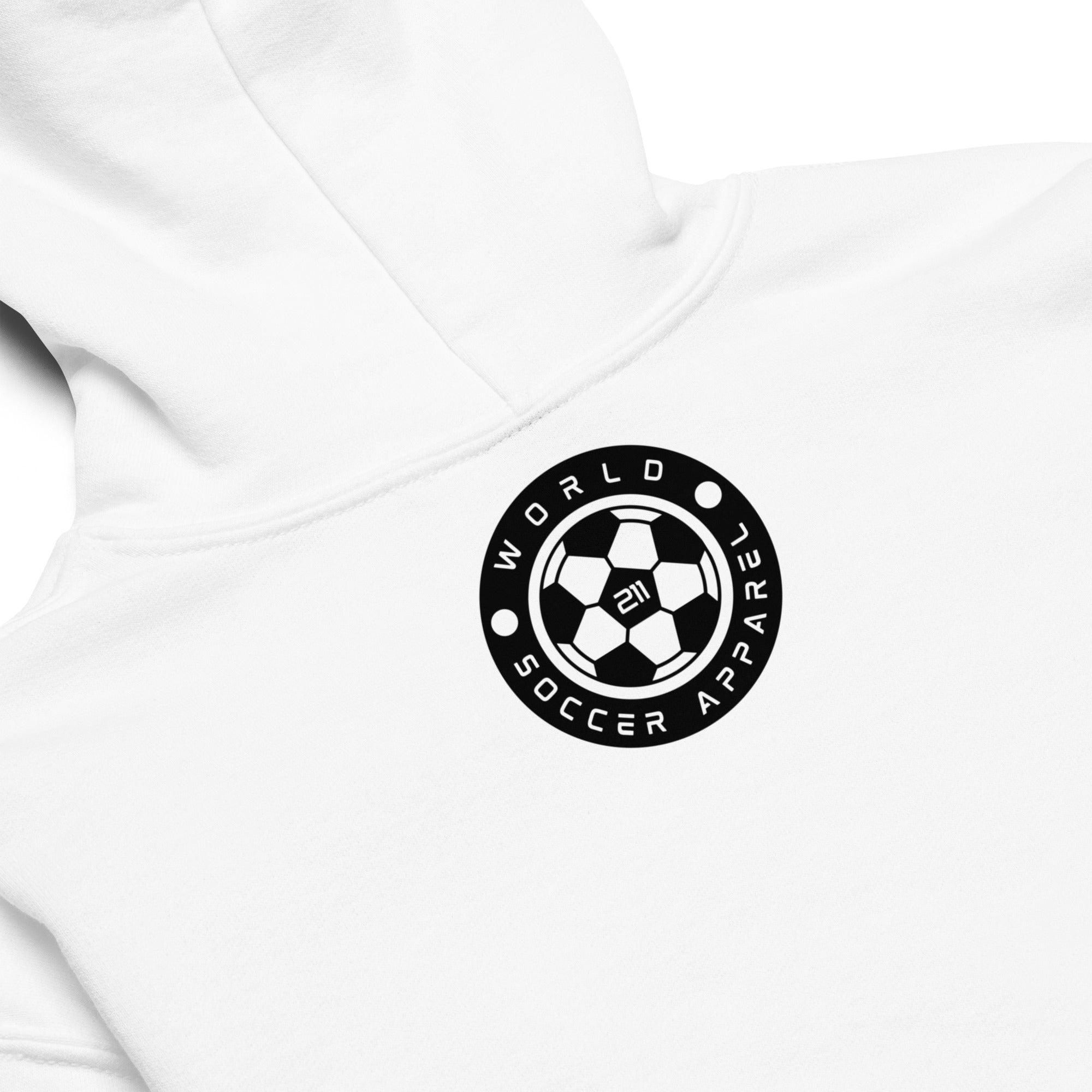 White hoodie with 'World Soccer Apparel' logo on a white background