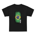 Black t-shirt with a Brazilian flag design on a white background