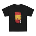 Black t-shirt with a red, yellow, and white graphic design on a white background