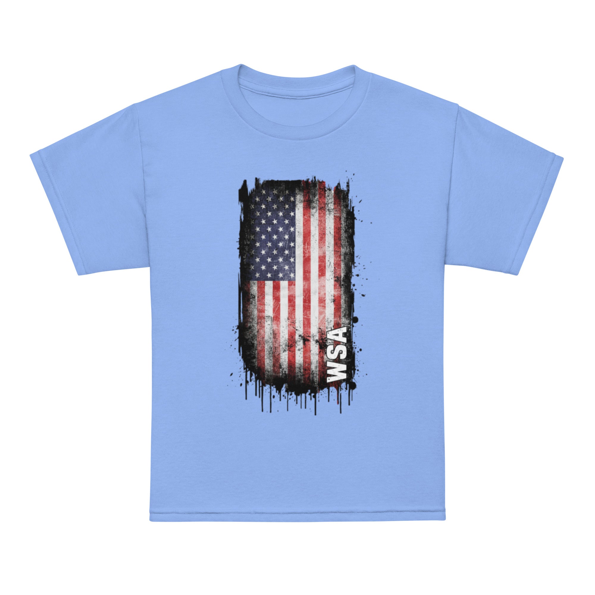 Light blue t-shirt with American flag graphic and 'WSA' text on a white background