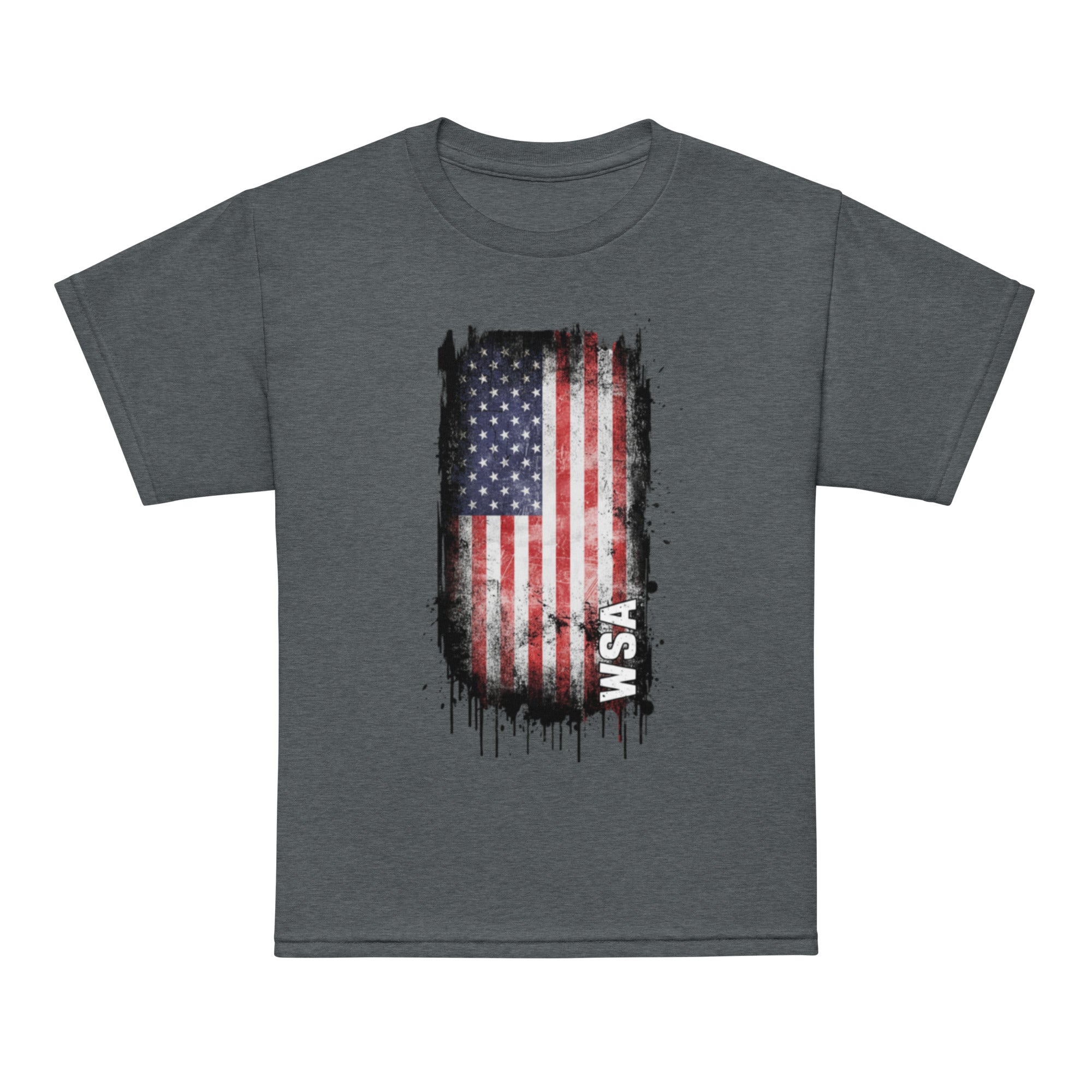 Gray t-shirt with American flag graphic and 'WSA' text on a white background