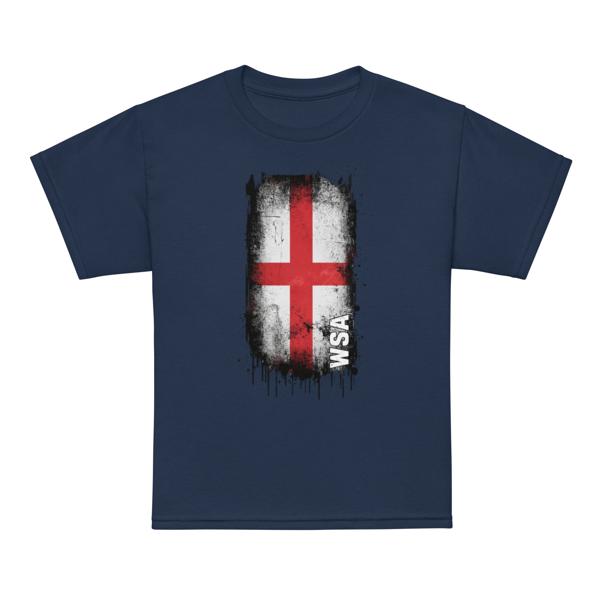 Navy blue t-shirt with a distressed flag design and 'WSA' text on a white background