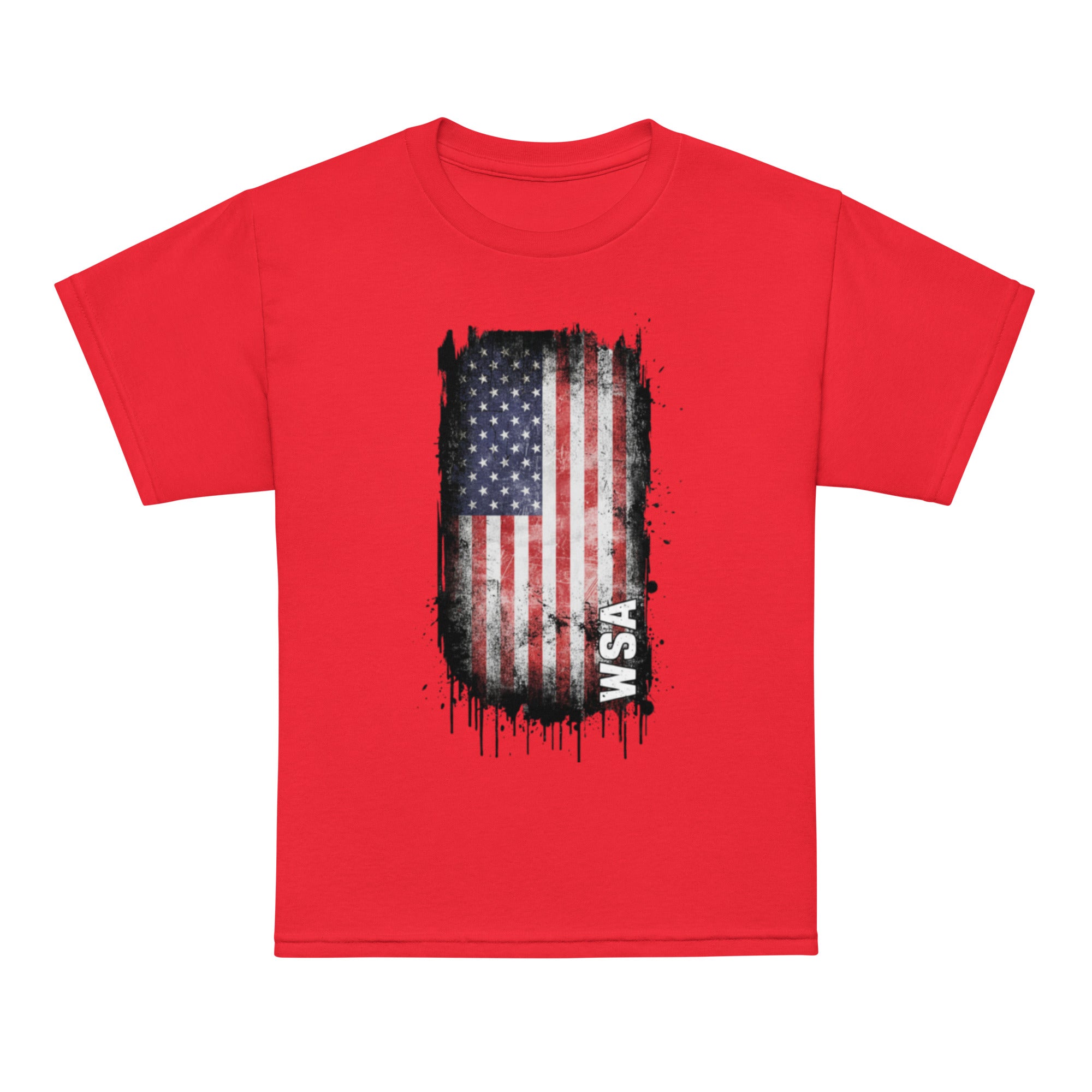 Red t-shirt with American flag graphic and 'WSA' text on a white background