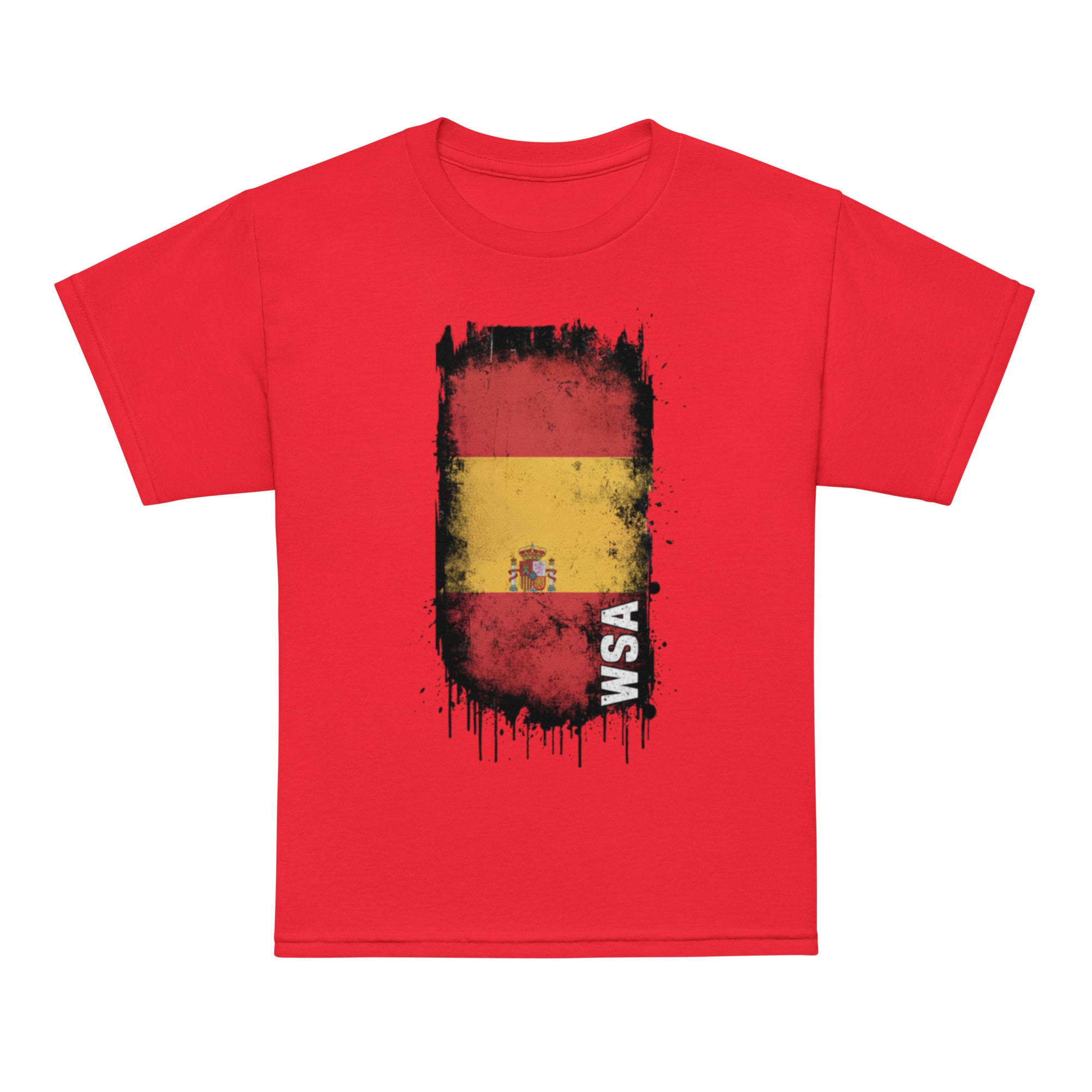 Red t-shirt with a graphic design featuring a flag and 'WSA' text on a white background