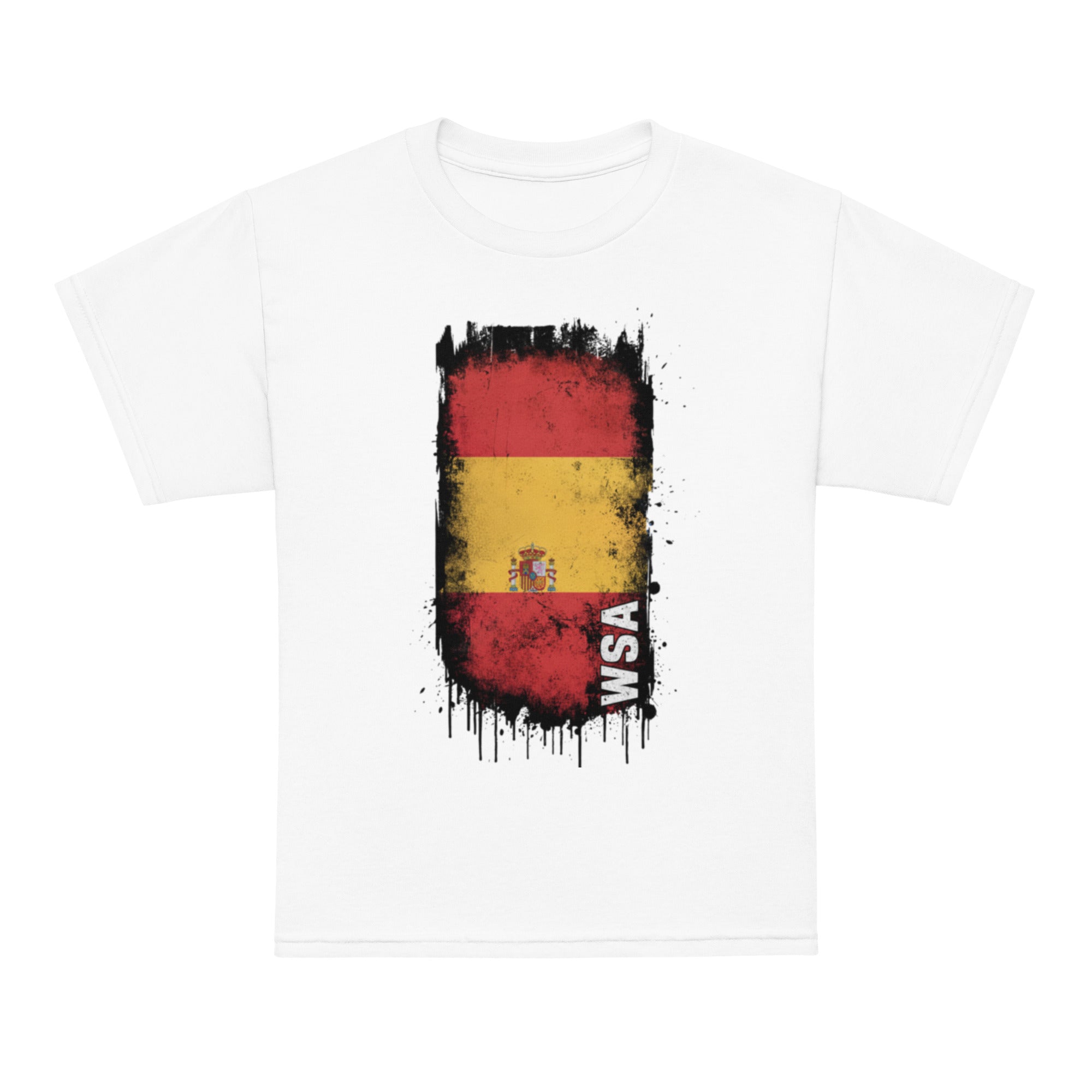 White t-shirt with a red, yellow, and black flag design on a white background