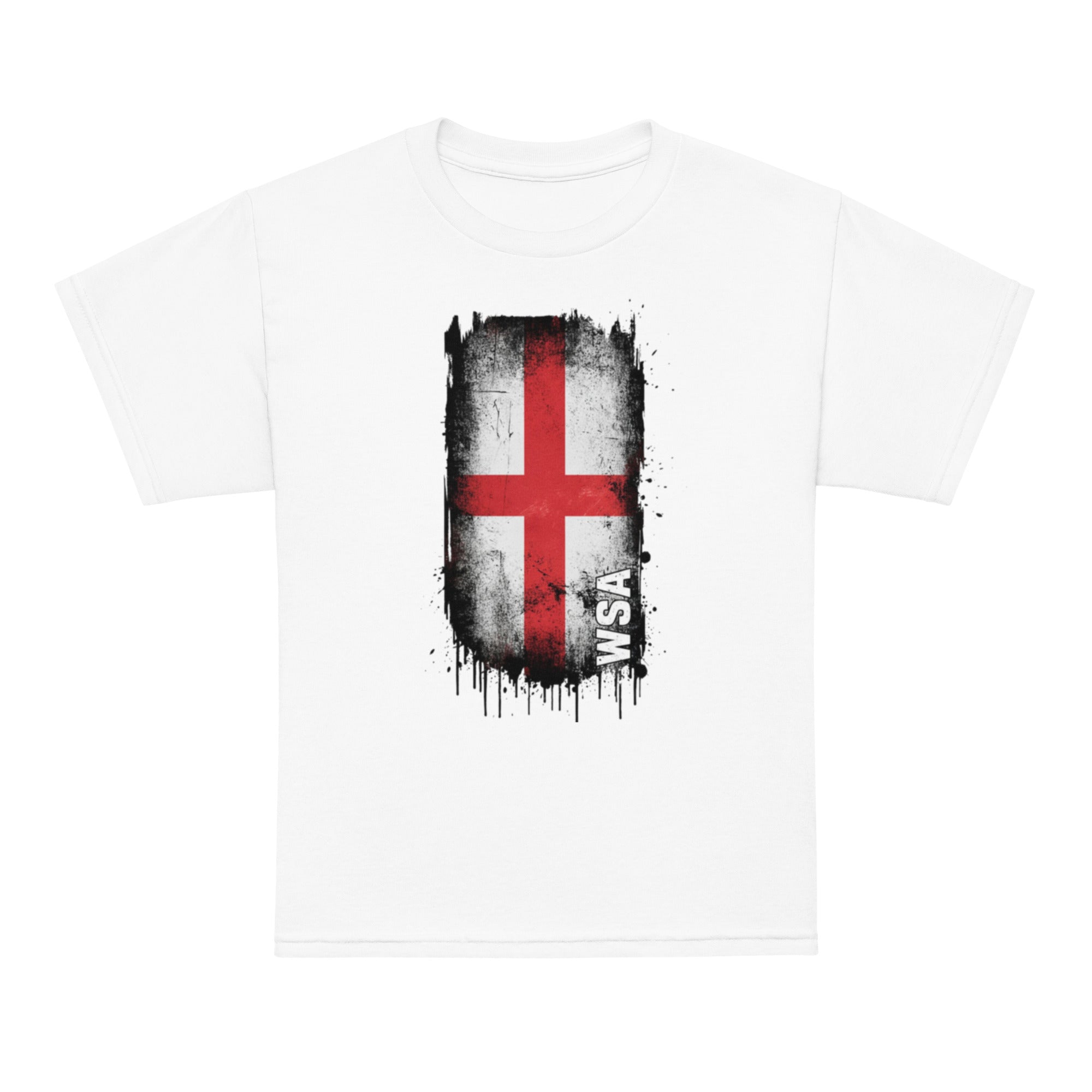 White t-shirt with a red and white flag design on a white background